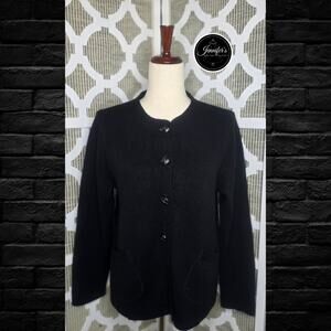 Kate Hill Petite Black Merino Wool Long Sleeve Cardigan Size PL